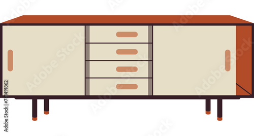 Chest of drawers. Beige wooden modern commode or TV stand for home interior. Trendy storage furniture in scandinavian style for living room. Flat vector illustration isolated on a white background.