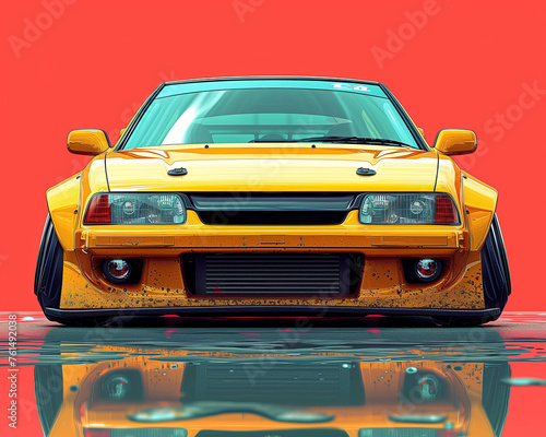 A vintage yellow tuning car, weathered yet charismatic, reflects on a shiny