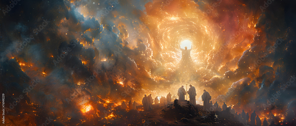 Fototapeta premium An enigmatic group of figures huddled around an awe-inspiring interstellar vortex in space