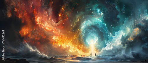 An imaginative depiction of a cosmic battle between fire and ice, with swirling galaxies and a witnessing duo photo