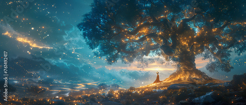 An enchanting scene of a giant tree aglow with light amid a mystical star-filled night landscape