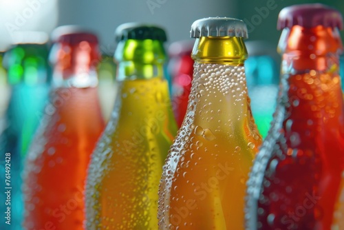 Close up of a group of soda bottles. Perfect for advertising and beverage industry