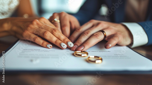 Amidst the anticipation of a significant milestone, the hands of a man and a woman tenderly grasp one another across a marriage contract, where gleaming wedding rings lay intertwin photo