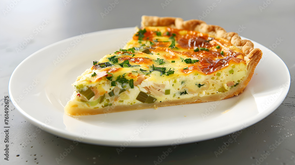 Freshly baked quiche slice on plate Freshly baked quiche slice on plate