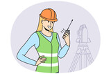 Smiling woman engineer in helmet and uniform working with geodetic equipment on construction site. Happy female surveyor engineer on building area. Vector illustration.