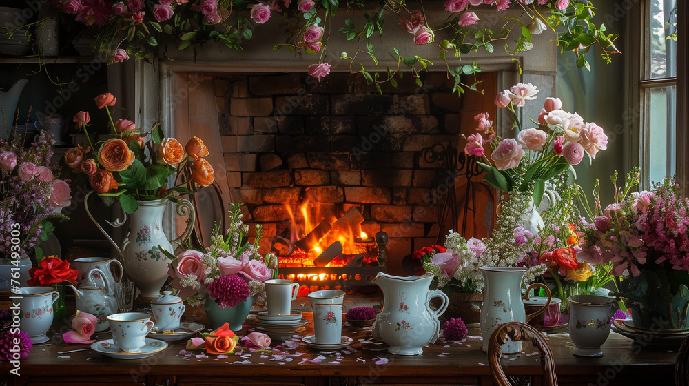 fire place with flowers in the kitchen