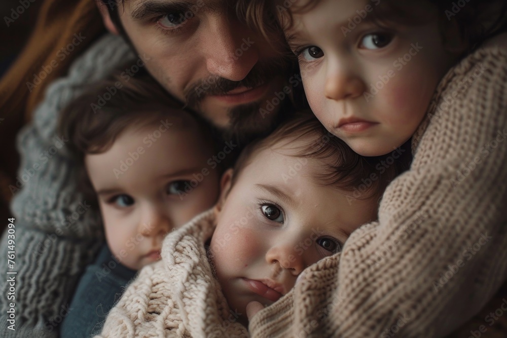 A man holding two small children. Perfect for family and parenting concepts A man holding two small children. Perfect for family and parenting concepts