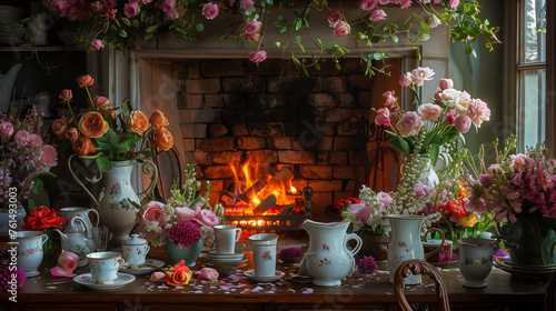 fire place with flowers in the kitchen