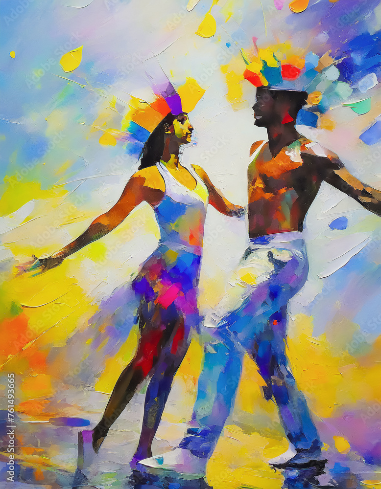 Magnifique illustration stylisée en peinture colorées  d'un couple de danseurs afros ou  latinos, ambiance carnaval