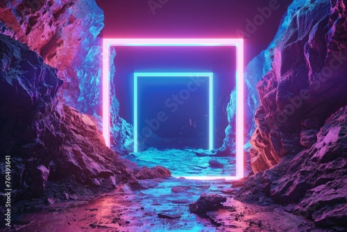 An intriguing neon entrance illuminates a mysterious cave with vibrant blue hues, creating a juxtaposition of the natural and the artificial photo