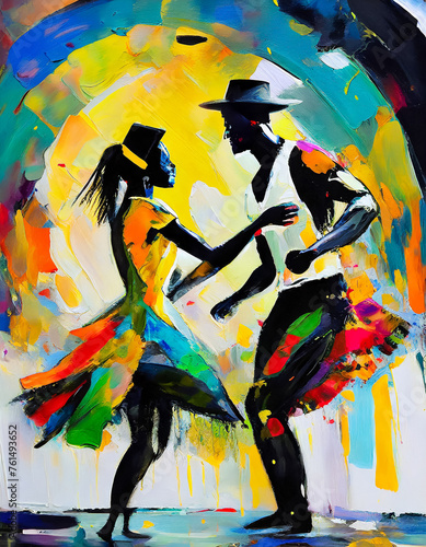 Magnifique illustration stylisée en peinture colorées  d'un couple de danseurs afros ou  latinos, ambiance carnaval