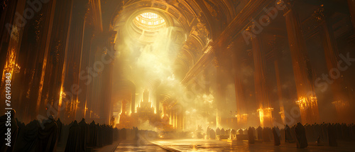Light streams dramatically through the towering arches of an ancient  grand cathedral filled with robed figures