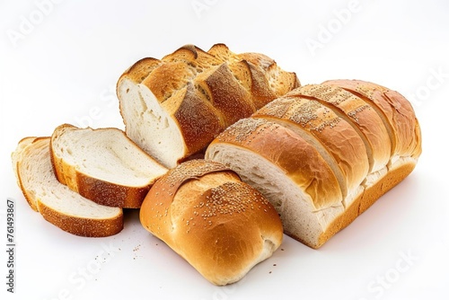Freshly baked bread loaf and slices on a clean white surface, ideal for bakery or food related projects