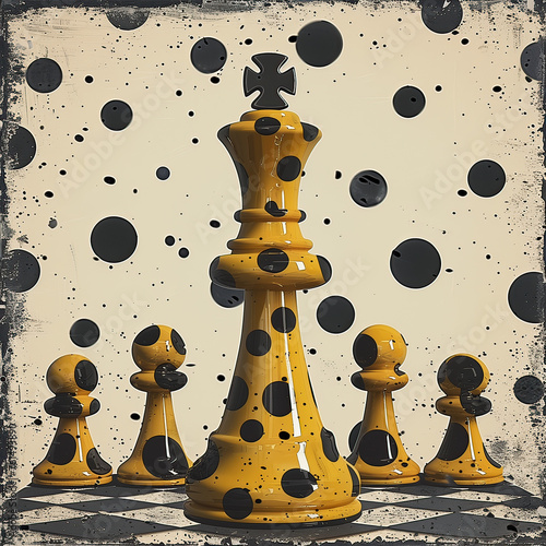 Ilustración de una tablero de ajedrez con un figura del Rey y 4 peones, con una pared moteada en negro, puntos mas grandes. Piezas en amarillo y negro. photo