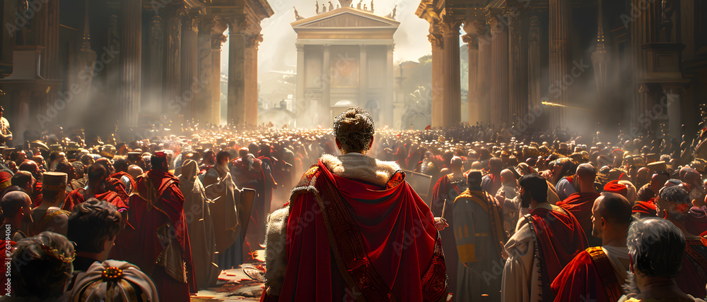 Obraz premium A ruler in a red cloak stands elevated above a massive crowd in an ancient, ornate city plaza