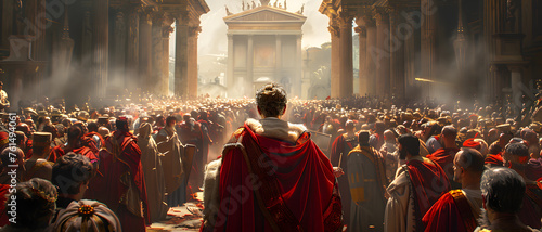 A ruler in a red cloak stands elevated above a massive crowd in an ancient, ornate city plaza