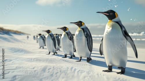 A group of penguins walking along a snow photo