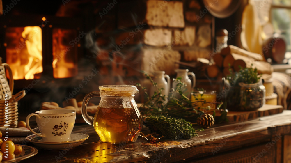 still life with tea and fireplace