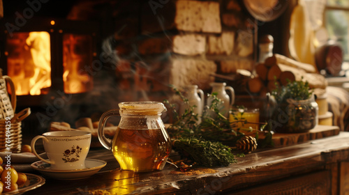 still life with tea and fireplace