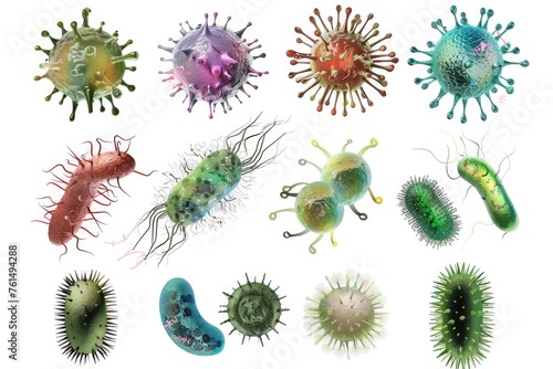 Different types of germs on a plain white background. Suitable for medical and scientific presentations photo