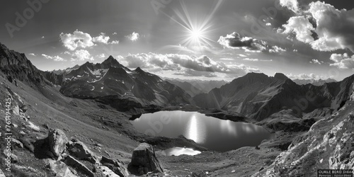 A serene mountain lake captured in black and white. Suitable for various design projects