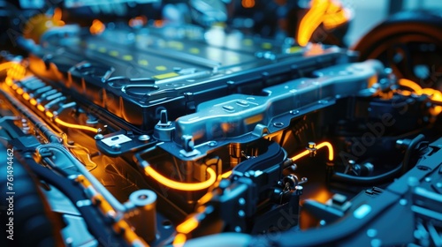 Detailed view of a car engine with yellow lights, perfect for automotive industry projects