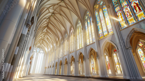 3D model of a Gothic revival cathedral interior high vaulted ceilings with ribbed vaults