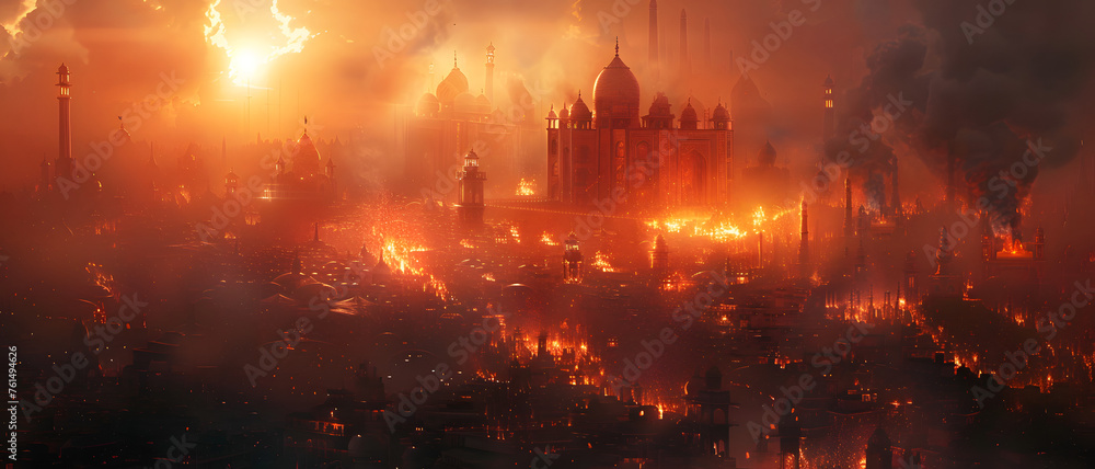 A vast city succumbs to a cataclysmic event, with fire engulfing buildings under a smoke-filled sky The image captures a moment of destruction and chaos