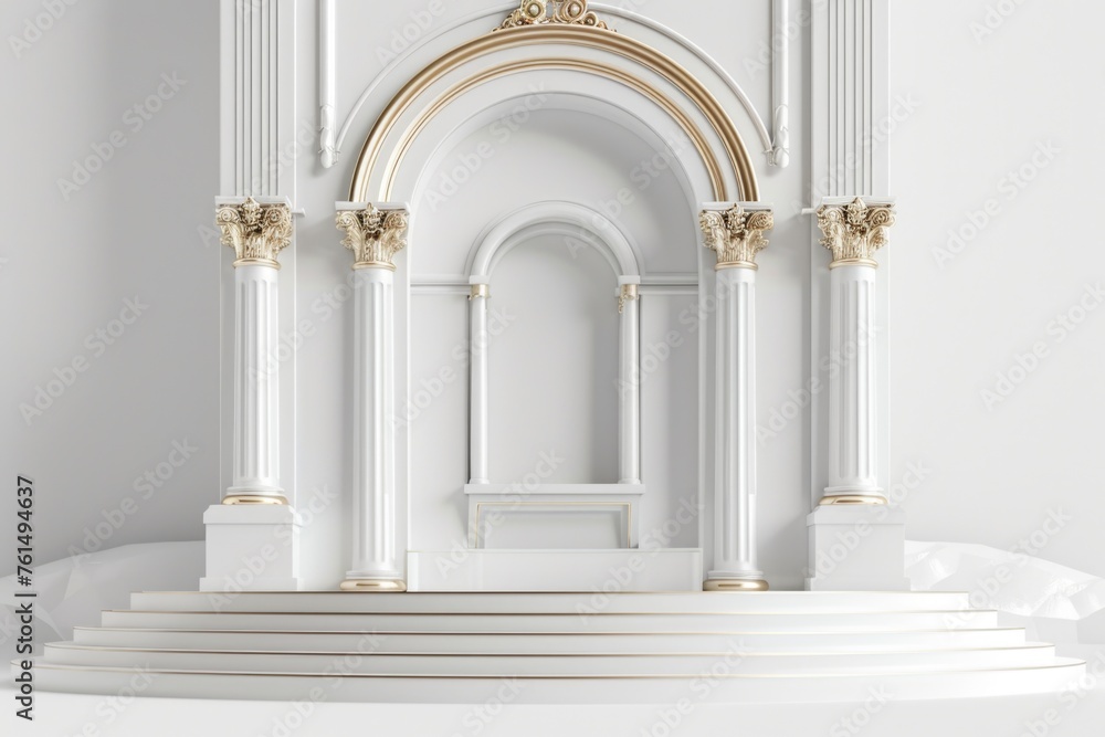 A white stage with a gold arch and columns, suitable for various events and performances