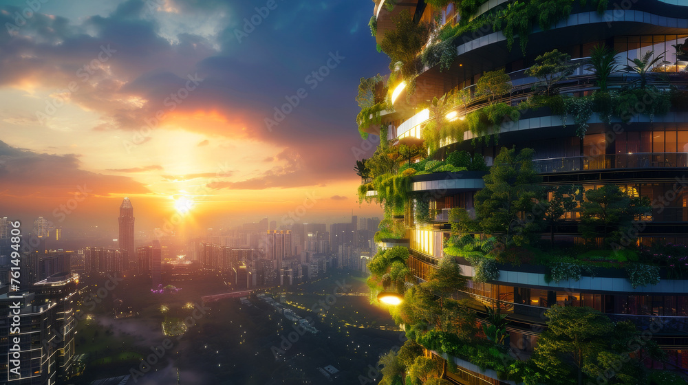 A breathtaking eco-friendly skyscraper at sunset