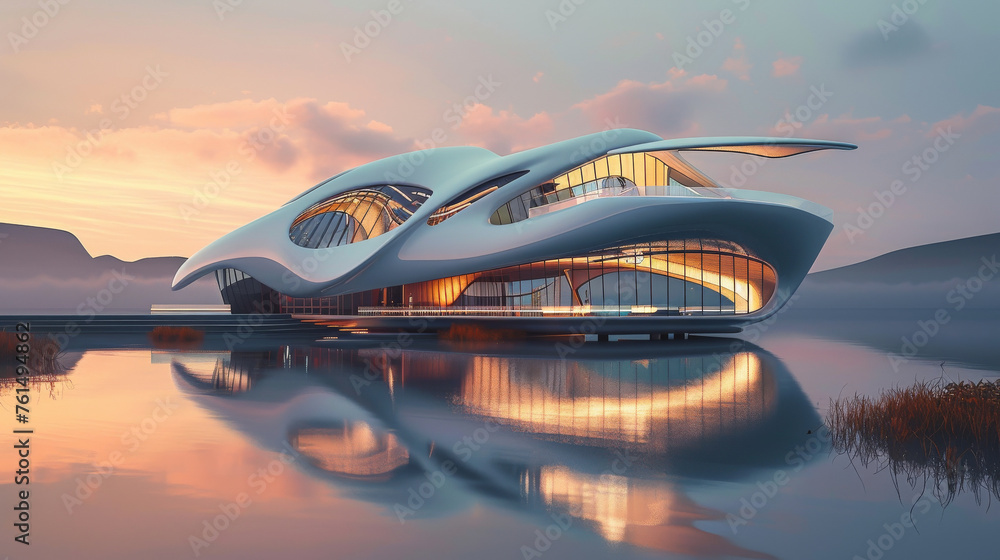 A sleek neo-futuristic building at sunrise