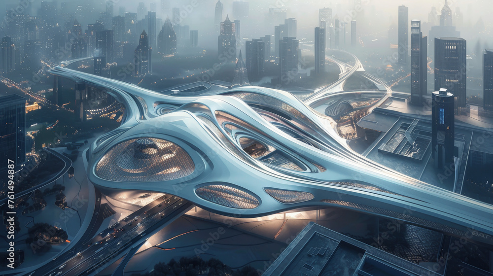Aerial view of a groundbreaking neo-futuristic transportation hub at dawn Aerial view of a groundbreaking neo-futuristic transportation hub at dawn