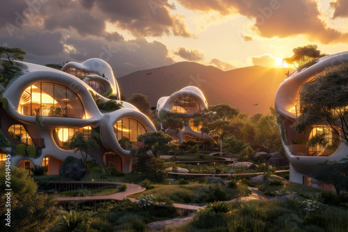 A sustainable neo-futuristic residential area during the golden hour