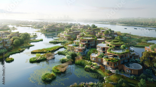 An aerial view of a sustainable community development nestled within a coastal ecosystem. The buildings