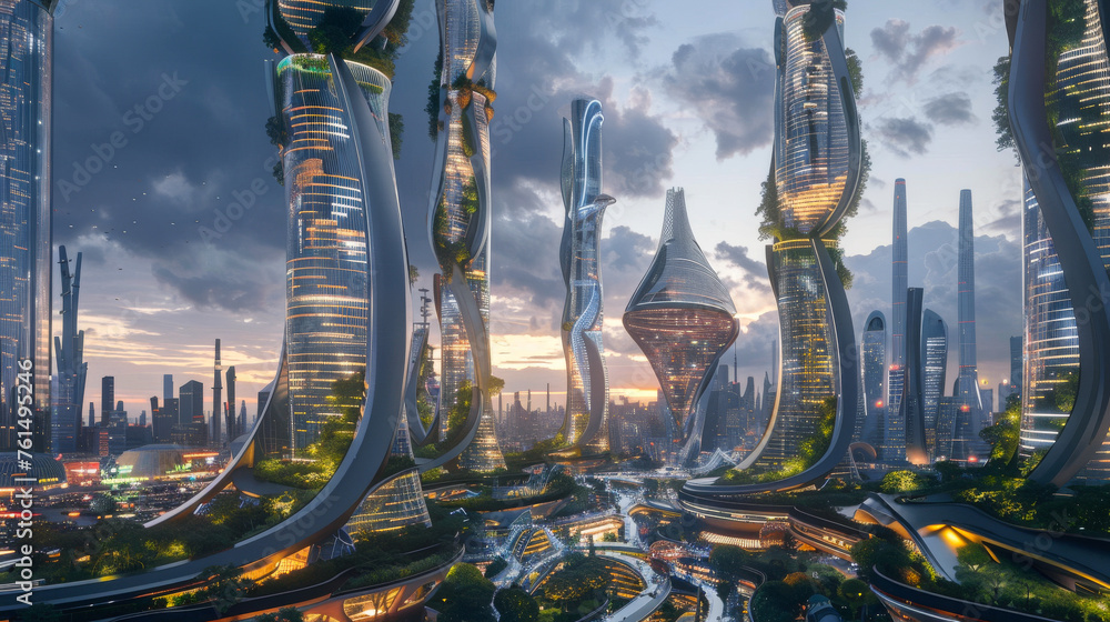 Futuristic cityscape at twilight featuring symmetrical