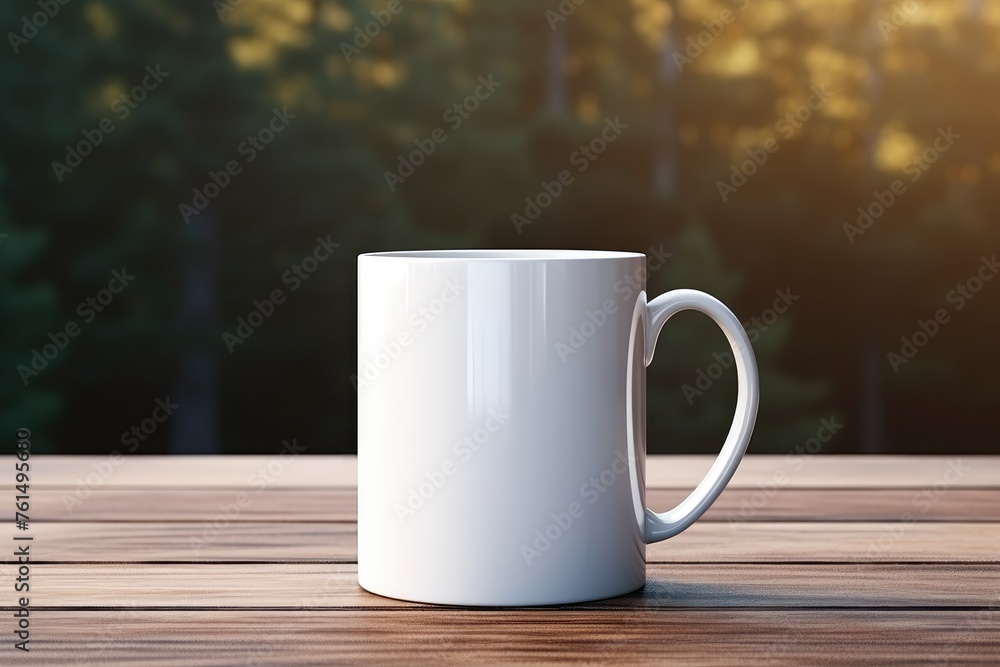 White Ceramic Coffee Mug Mockup on Wooden Table