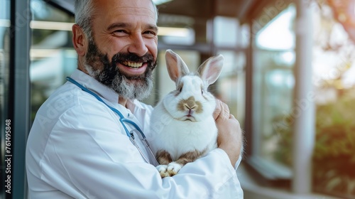a male pet vet hugging rabbit