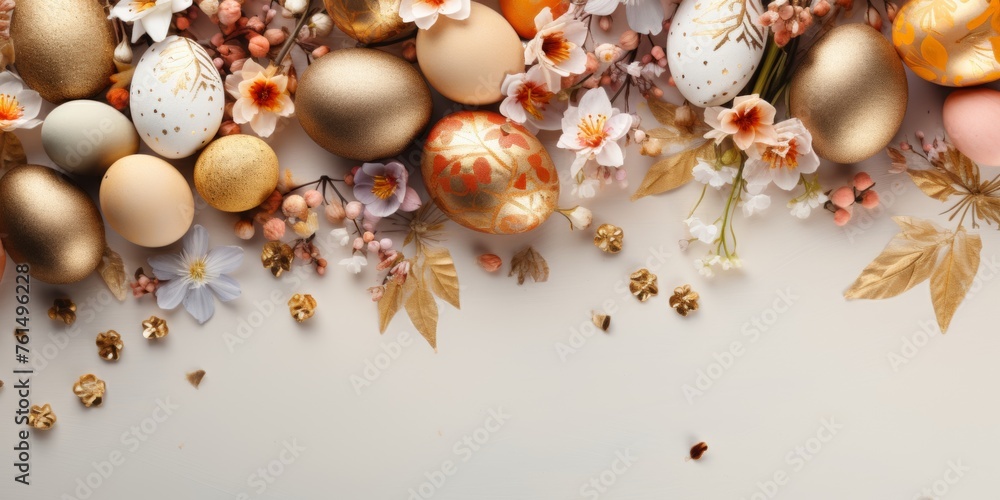 Easter eggs on a light background. Place for text. Easter holiday. Generative AI Easter eggs on a light background. Place for text. Easter holiday. Generative AI