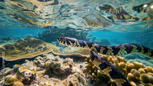 a sea snake swimming on a coral reef. photo