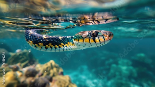 a sea snake swimming on a coral reef. photo