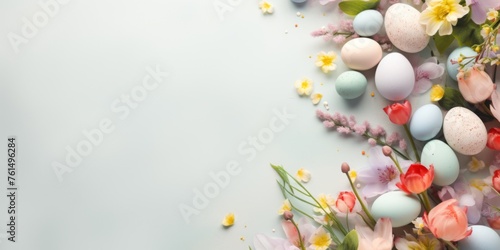 Easter eggs on a light background. Place for text. Easter holiday. Generative AI