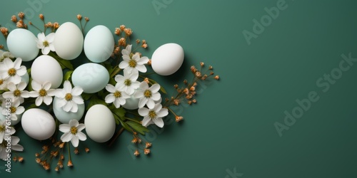 Easter eggs on a green background, top view, space for text. Generative AI