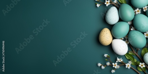 Easter eggs on a green background  top view  space for text. Generative AI