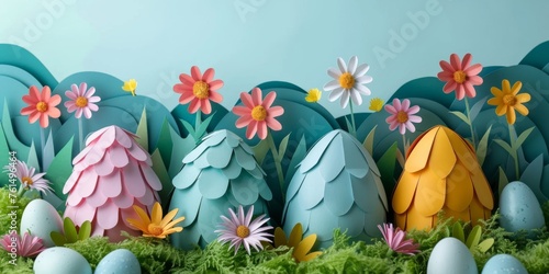 Easter eggs on a blue background using the cut paper technique. Place for text. Generative AI