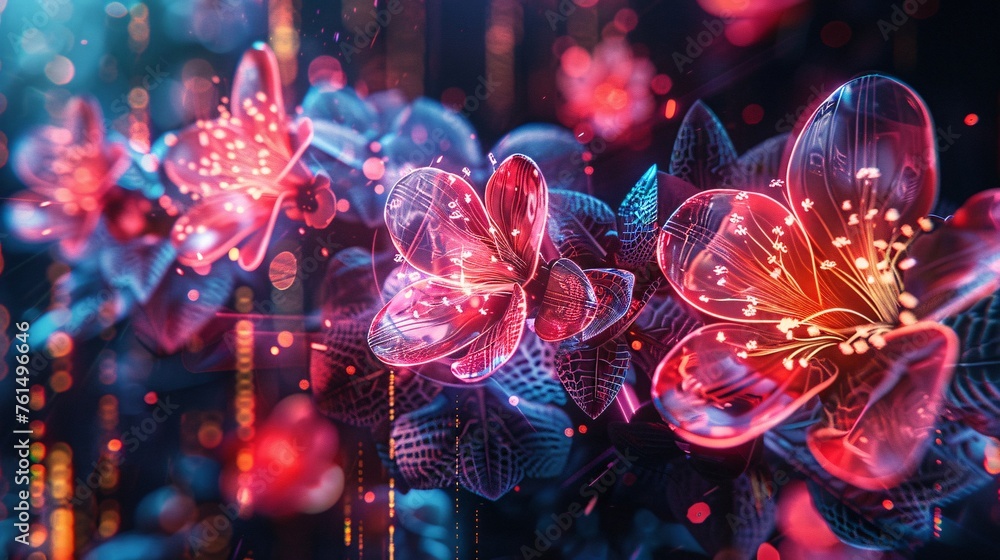 Craft a cyberpunk-inspired image with flowers composed of speakers and sound waves, neon accents, against a black background, blending old tech and vacuum tubes - obrazy, fototapety, plakaty 