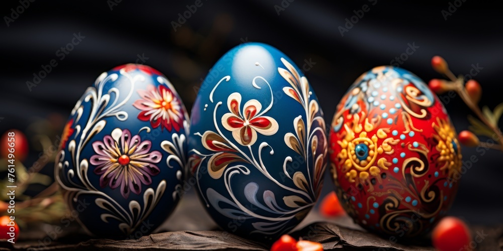Easter eggs close-up on a dark background with floral patterns. Generative AI Easter eggs close-up on a dark background with floral patterns. Generative AI