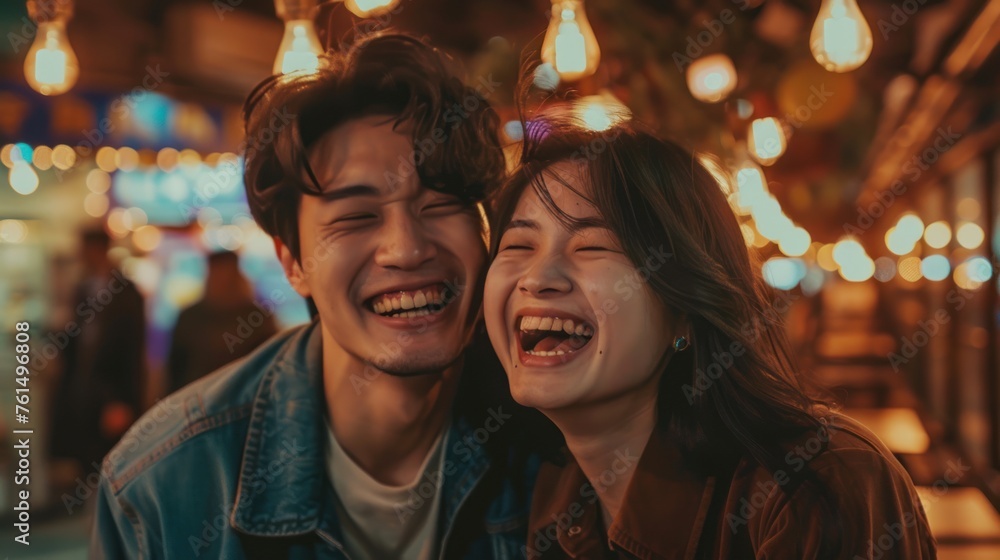 Asian young couple smile and laughing with positive emotion and loving