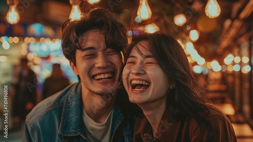 Asian young couple smile and laughing with positive emotion and loving