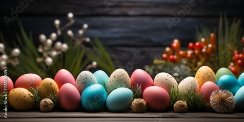 Easter banner.Multi-colored Easter eggs on a wooden background. Generative AI