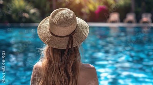 Back of a young woman with long blonde hair wearing a straw hat on her vacation at a beautiful © chutikan